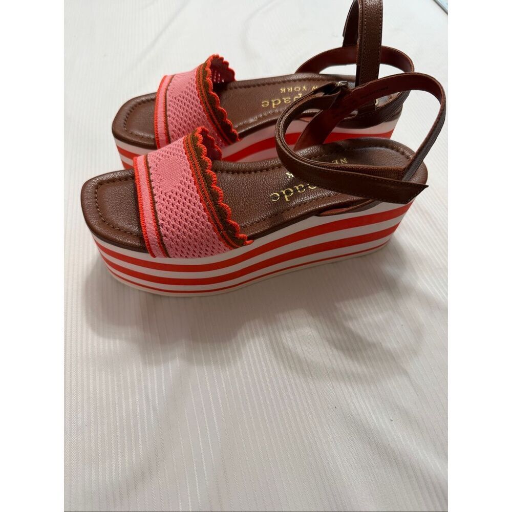 Kate Spade HIGHRISE Platform Knit Sandals Ankle Strap Pink/Brown Size 6.5 6 1/2